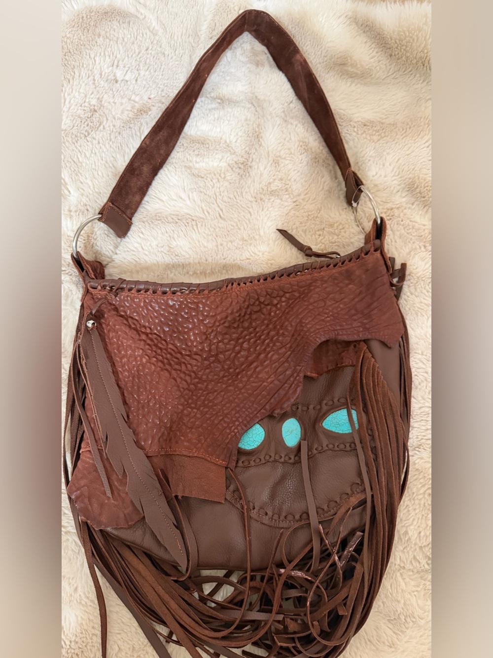 Brown Fringe Shoulder Bag with Turquoise Accents